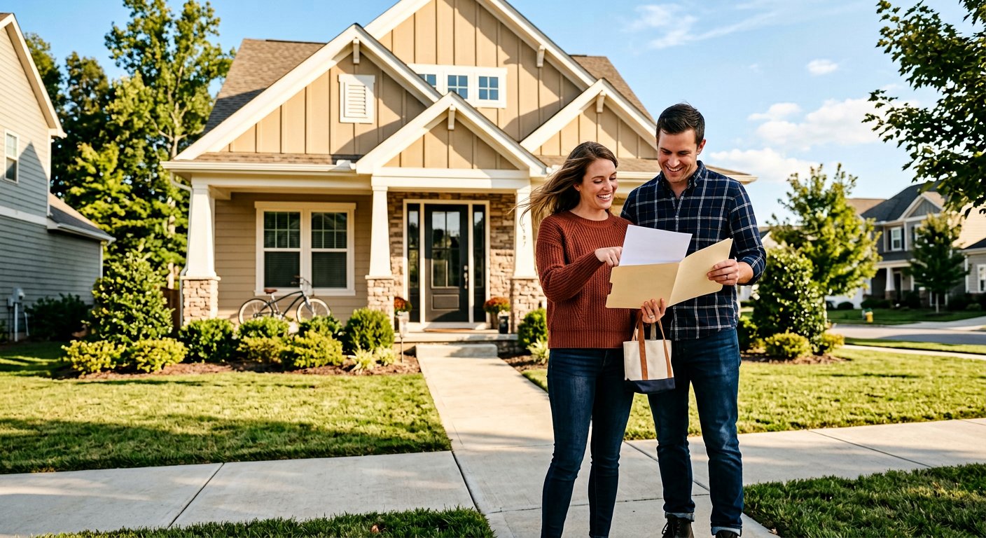 Couple reviewing mortgage paperwork in front of their new home